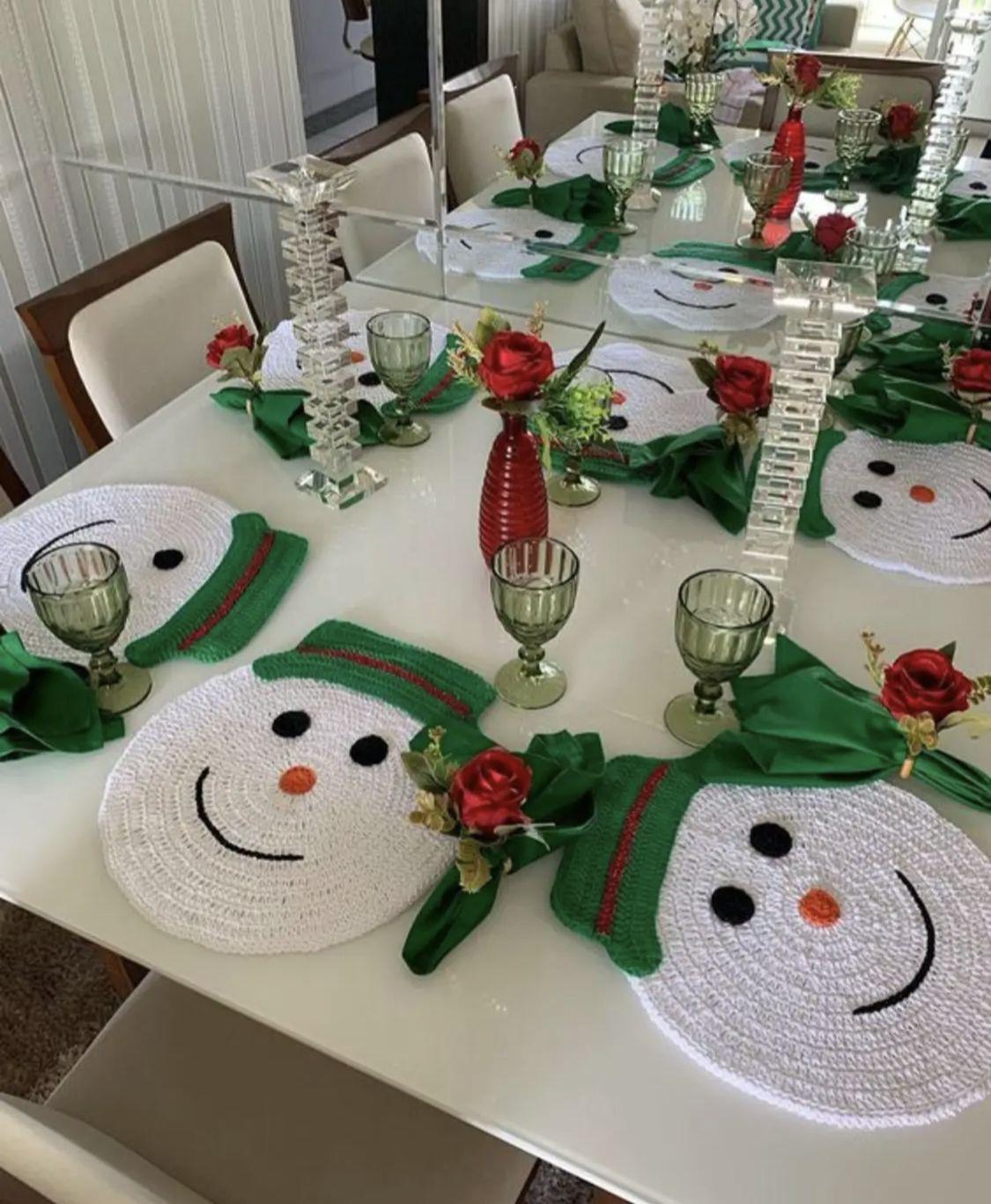 Handmade Crochet Santa Claus & Snowman Table Mat Supla, Festive Cotton Yarn Christmas Decor