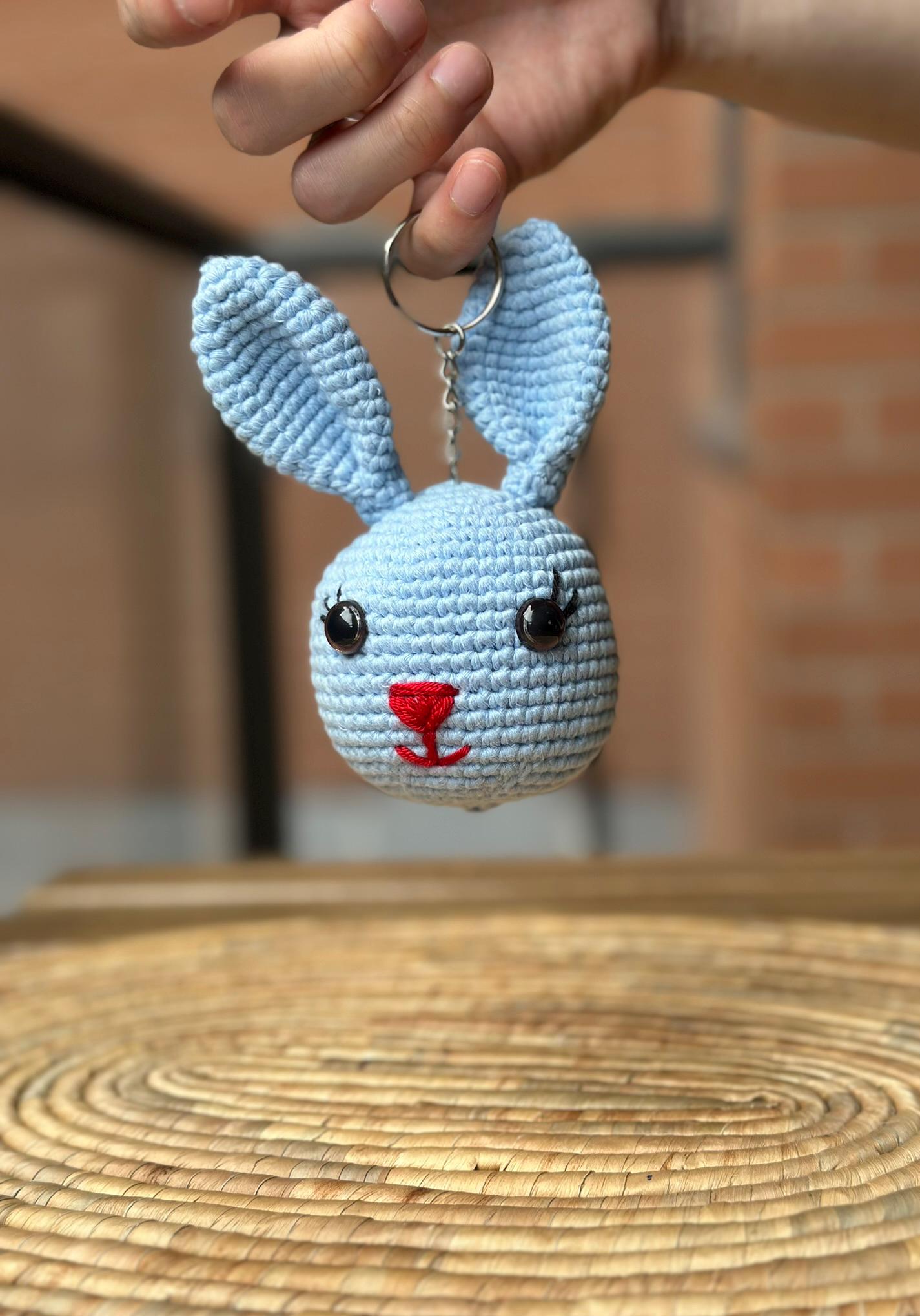 Handmade Bunny Keychain with Sound, Crochet Rabbit Plushie, Cute Cotton Yarn Keyring, Animal Bag Charm, Gift for Her