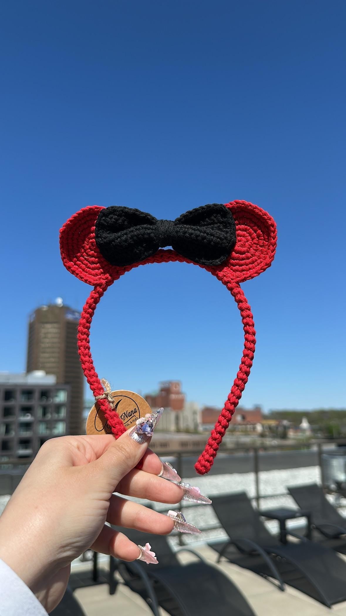 Handmade Crochet Minnie Headband, Soft Cotton Yarn Hair Band with Bow Ears, Cute Gift for Girls, Disney Inspired Accessory