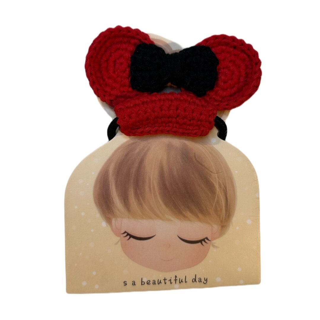 Handmade Crochet Minnie Hair Tie, Handmade Cotton Yarn Bow Hair Accessories, Crocheted, Handmade, Minnie Mouse