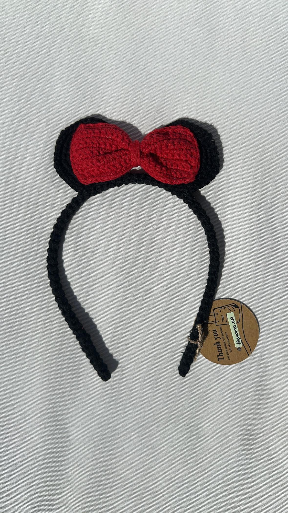 Handmade Crochet Minnie Headband, Soft Cotton Yarn Hair Band with Bow Ears, Cute Gift for Girls, Disney Inspired Accessory