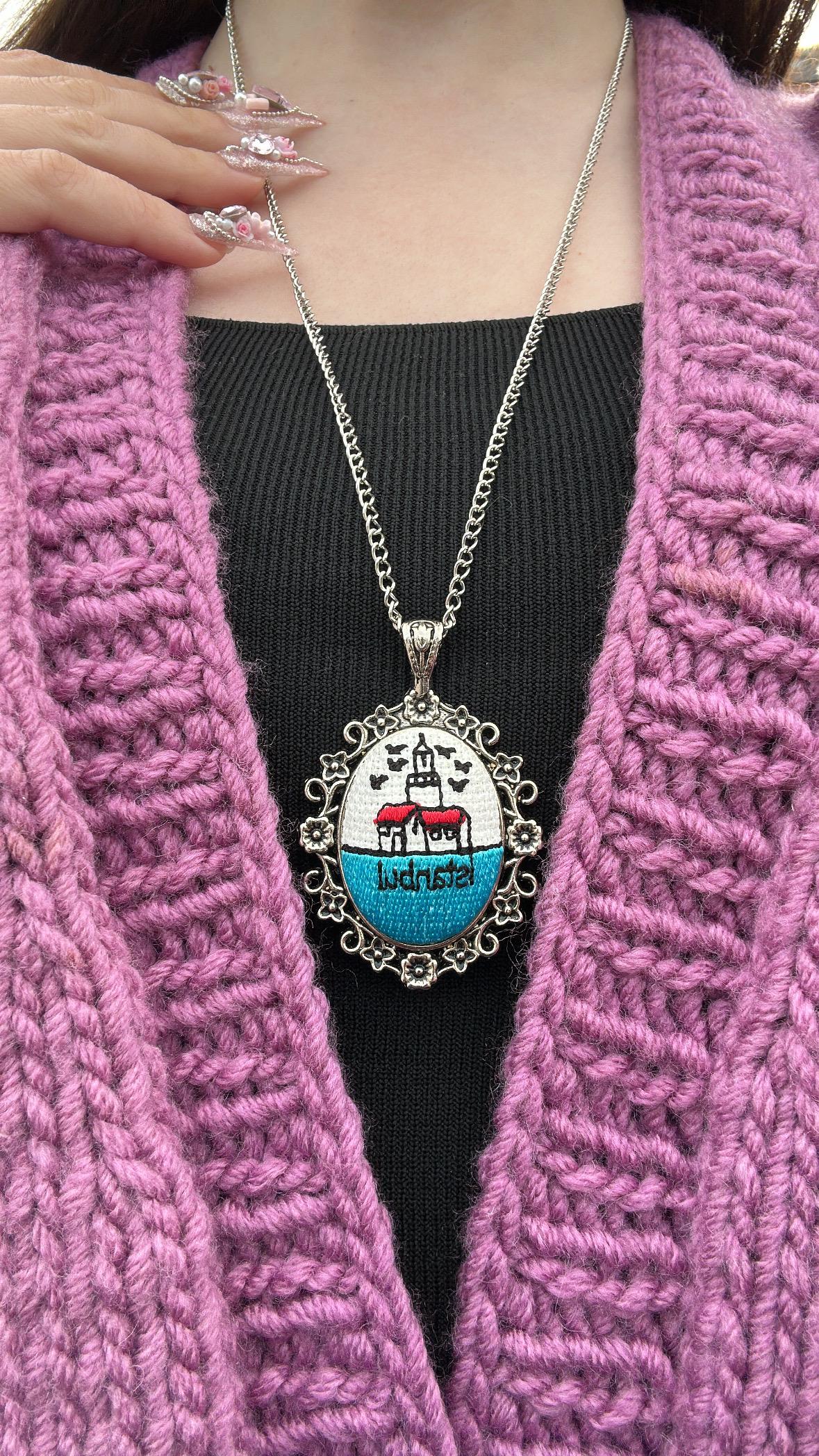 Embroidered Necklace Enchanted ISTANBUL, Floral Pendant, Hand Embroidered Charm, Jewelry Gift For Her