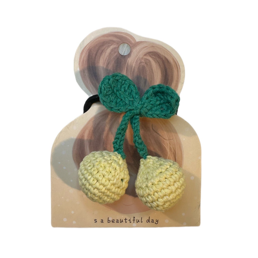 Handmade Cherry Hair Ties, Cute Cotton Yarn Hair Accessories for Girls, Set of 2 Crochet Hairbands, Fruit Hair Tie Set