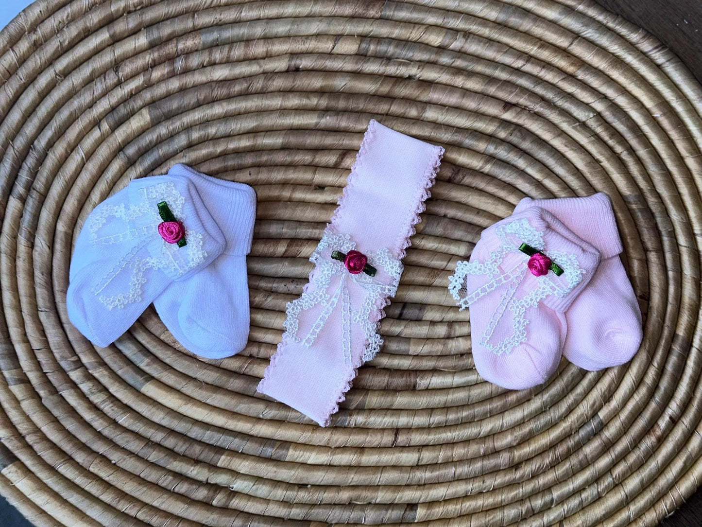 Newborn Baby Gift Set, 5 Piece Soft Cotton Socks and Hairbands, Adorable Handmade Accessories for Baby Girls and Boys