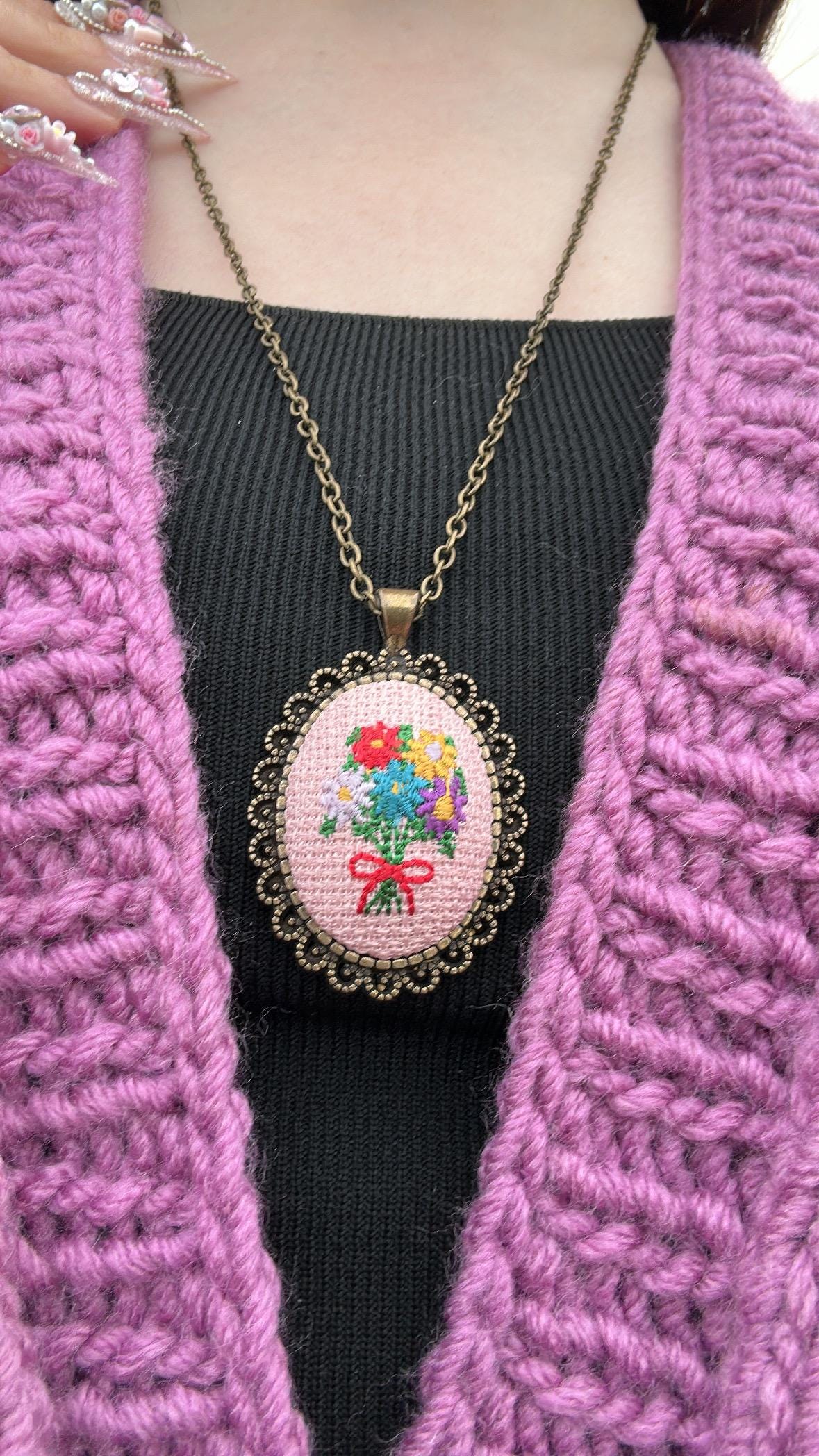 Embroidered Necklace Enchanted ISTANBUL, Floral Pendant, Hand Embroidered Charm, Jewelry Gift For Her