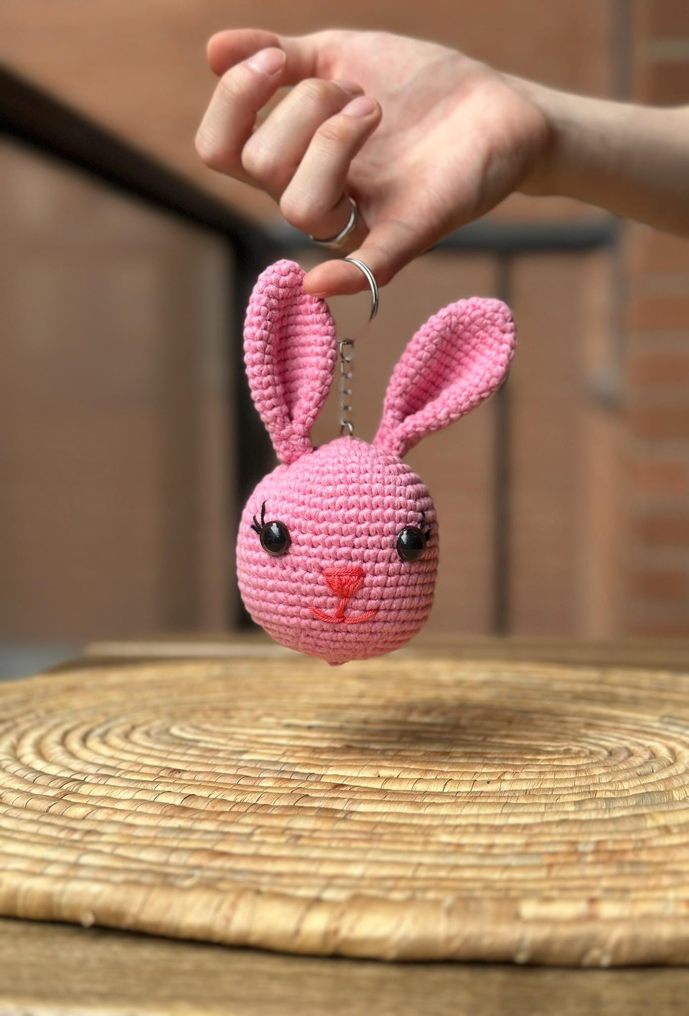 Handmade Bunny Keychain with Sound, Crochet Rabbit Plushie, Cute Cotton Yarn Keyring, Animal Bag Charm, Gift for Her