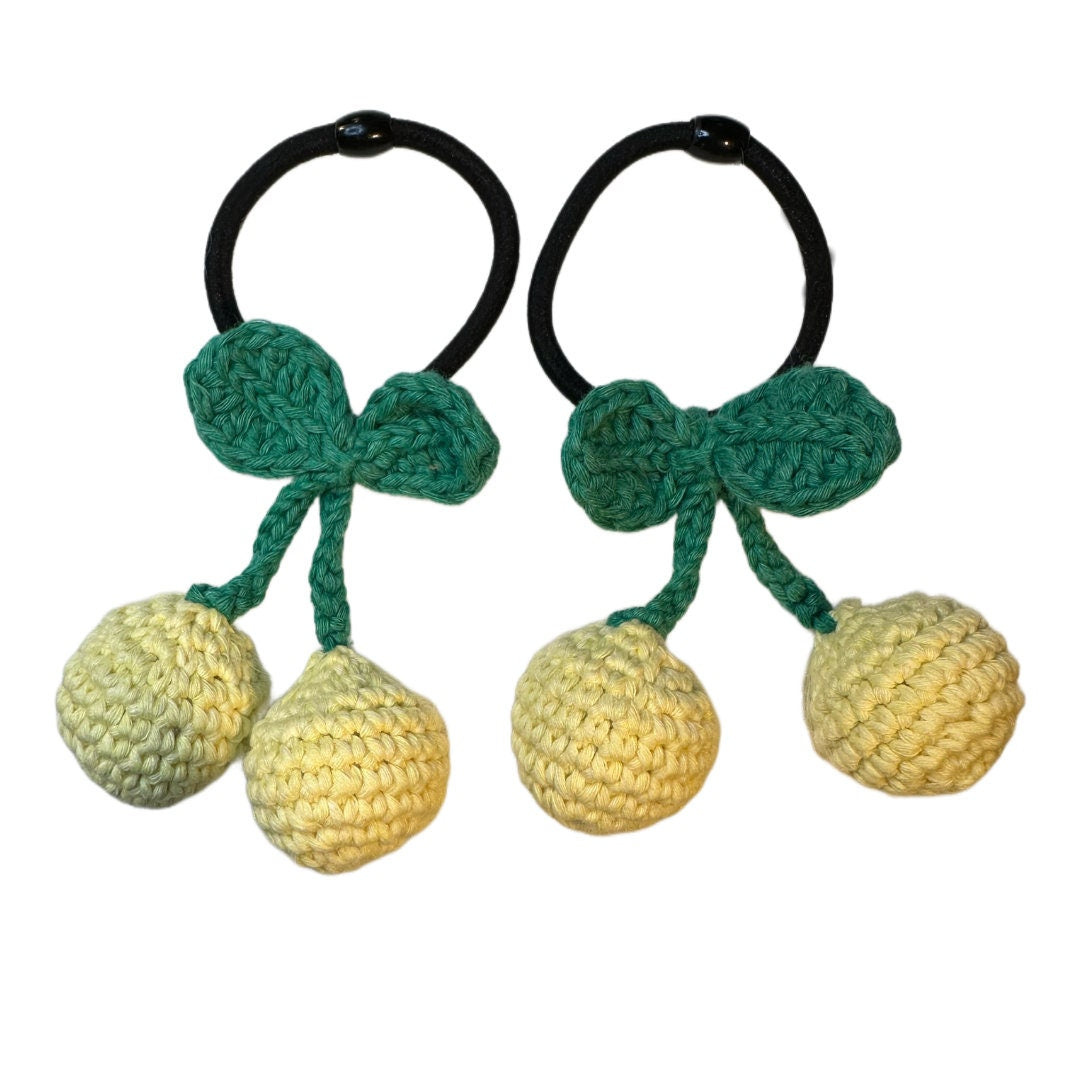 Handmade Cherry Hair Ties, Cute Cotton Yarn Hair Accessories for Girls, Set of 2 Crochet Hairbands, Fruit Hair Tie Set