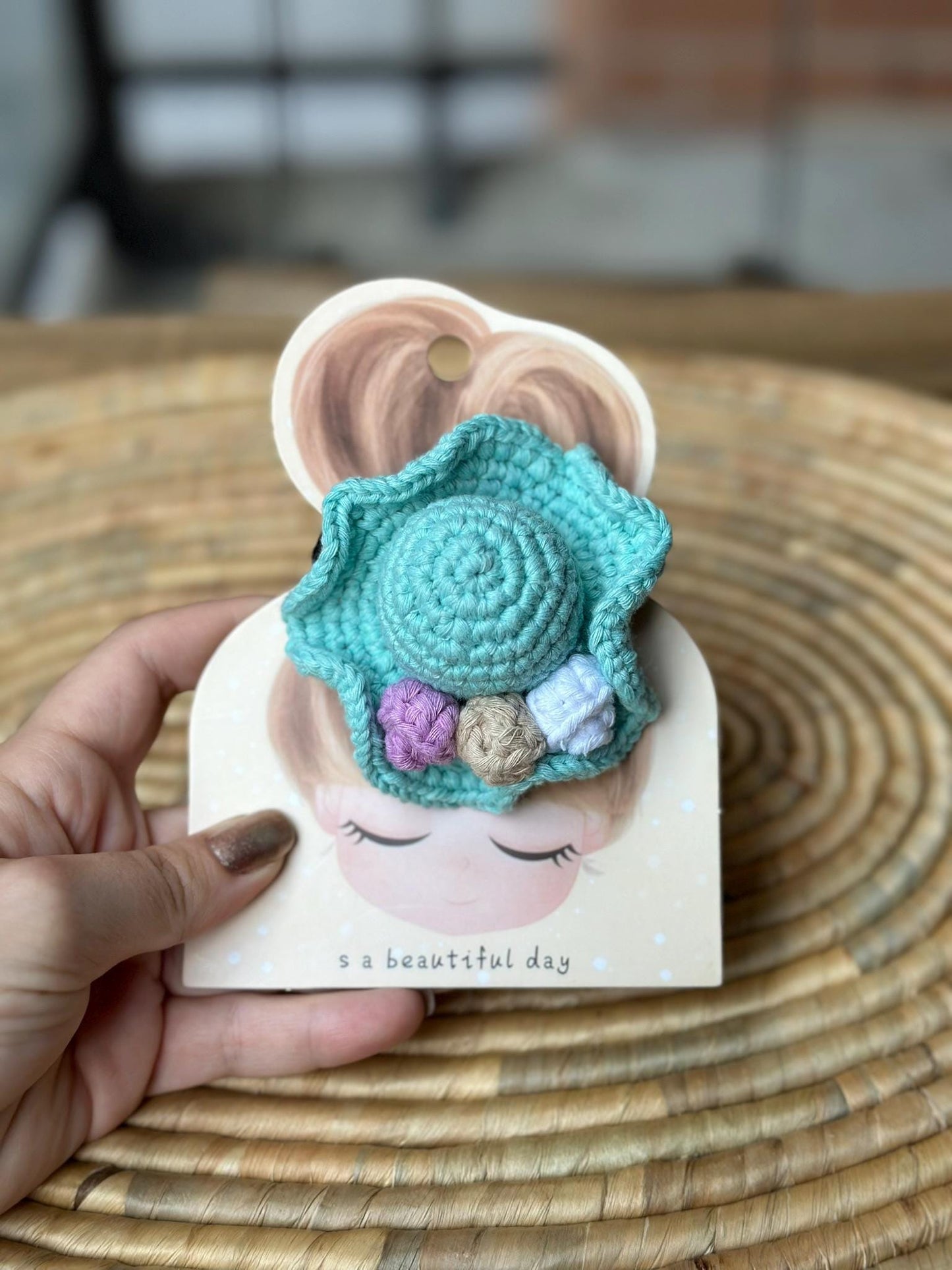 Handmade Cotton Yarn Hat Hair Tie, Cute and Colorful Hair Accessory, Boho Crochet Handmade Gift, Cotton Handcrafted Gift Idea
