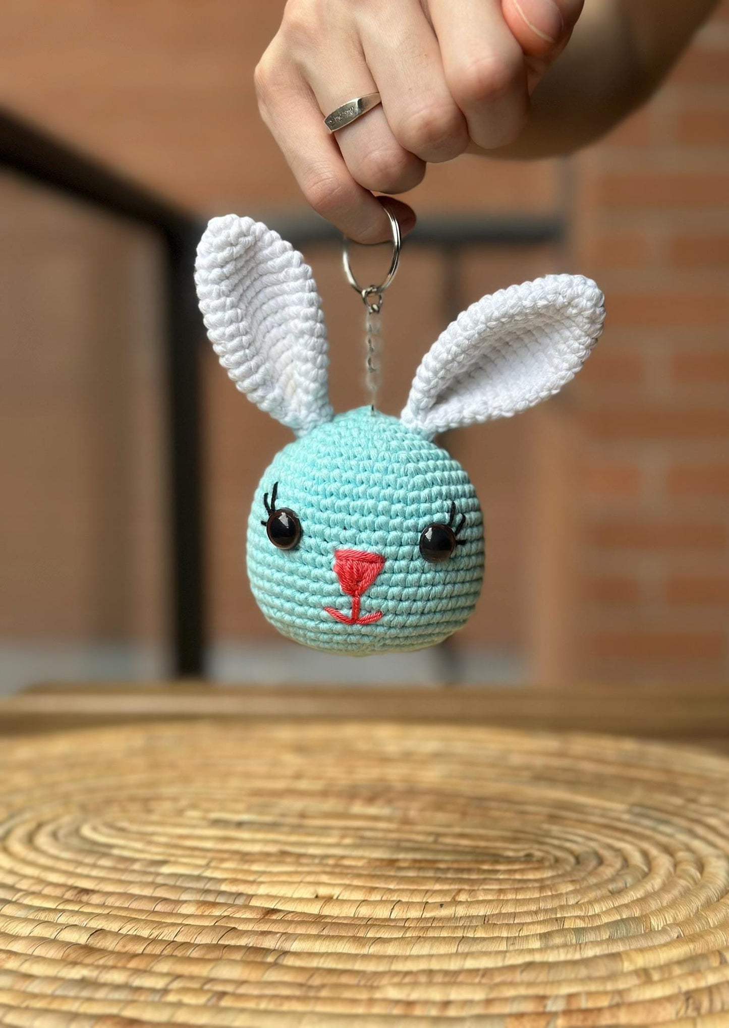 Handmade Bunny Keychain with Sound, Crochet Rabbit Plushie, Cute Cotton Yarn Keyring, Animal Bag Charm, Gift for Her