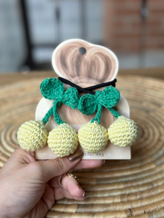 Handmade Cherry Hair Ties, Cute Cotton Yarn Hair Accessories for Girls, Set of 2 Crochet Hairbands, Fruit Hair Tie Set