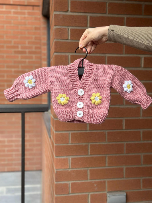 Handmade Baby Girl Cardigan - 0-6 Months | 100% Cotton | Pink Chunky Knit with Floral Embroidery | Soft and Safe for Babies, Cotton Crochet