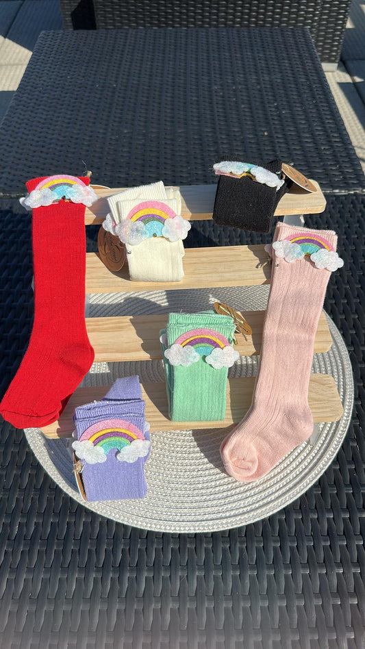Handmade Toddler Knee-High Rainbow Socks, Cotton Baby Socks Gift, Colorful Knit Socks for 1-2 Years