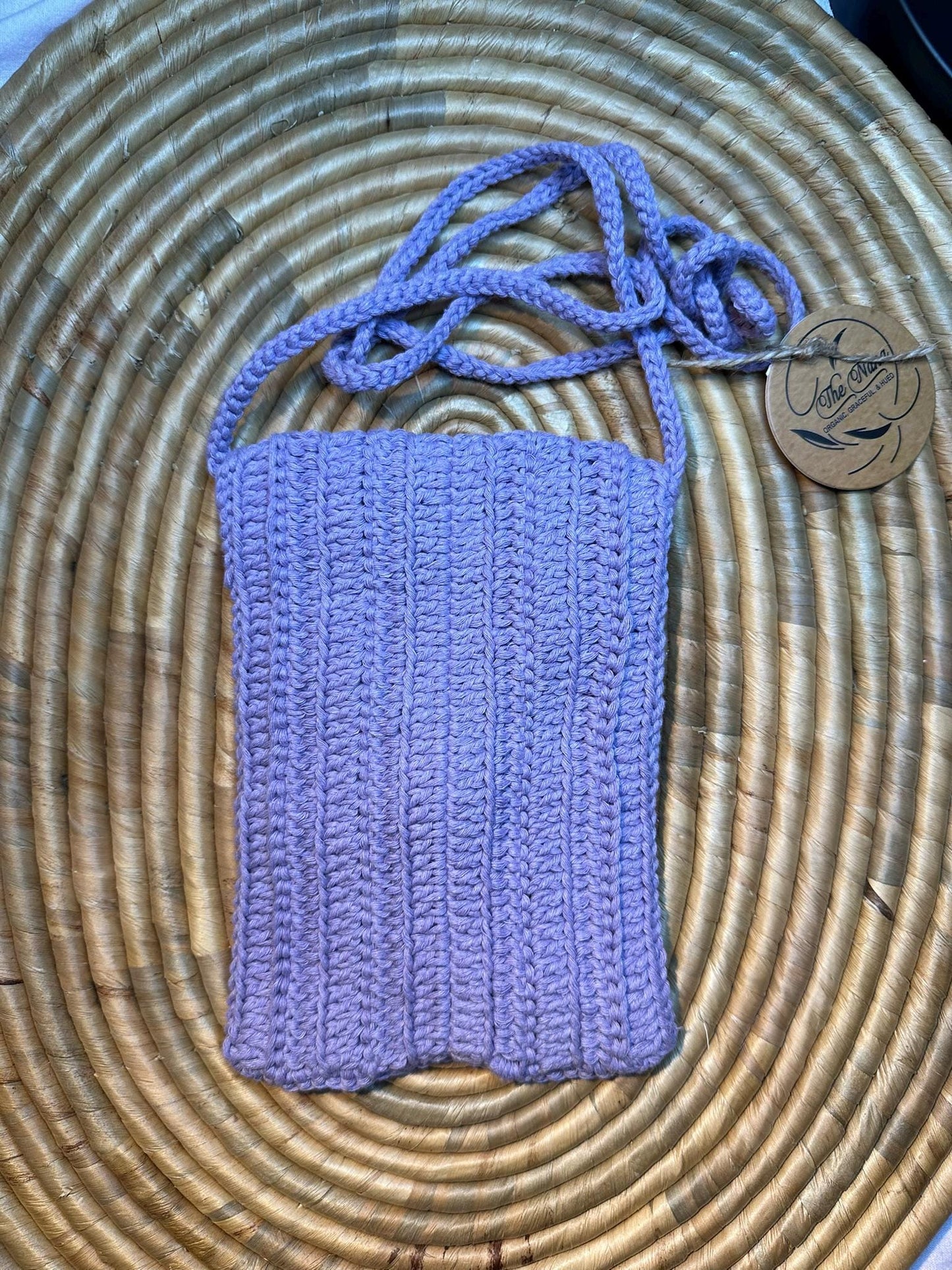Handcrafted Cotton Phone Bag in Pastel Lilac & Beige, Elegant Accessory for All Ages