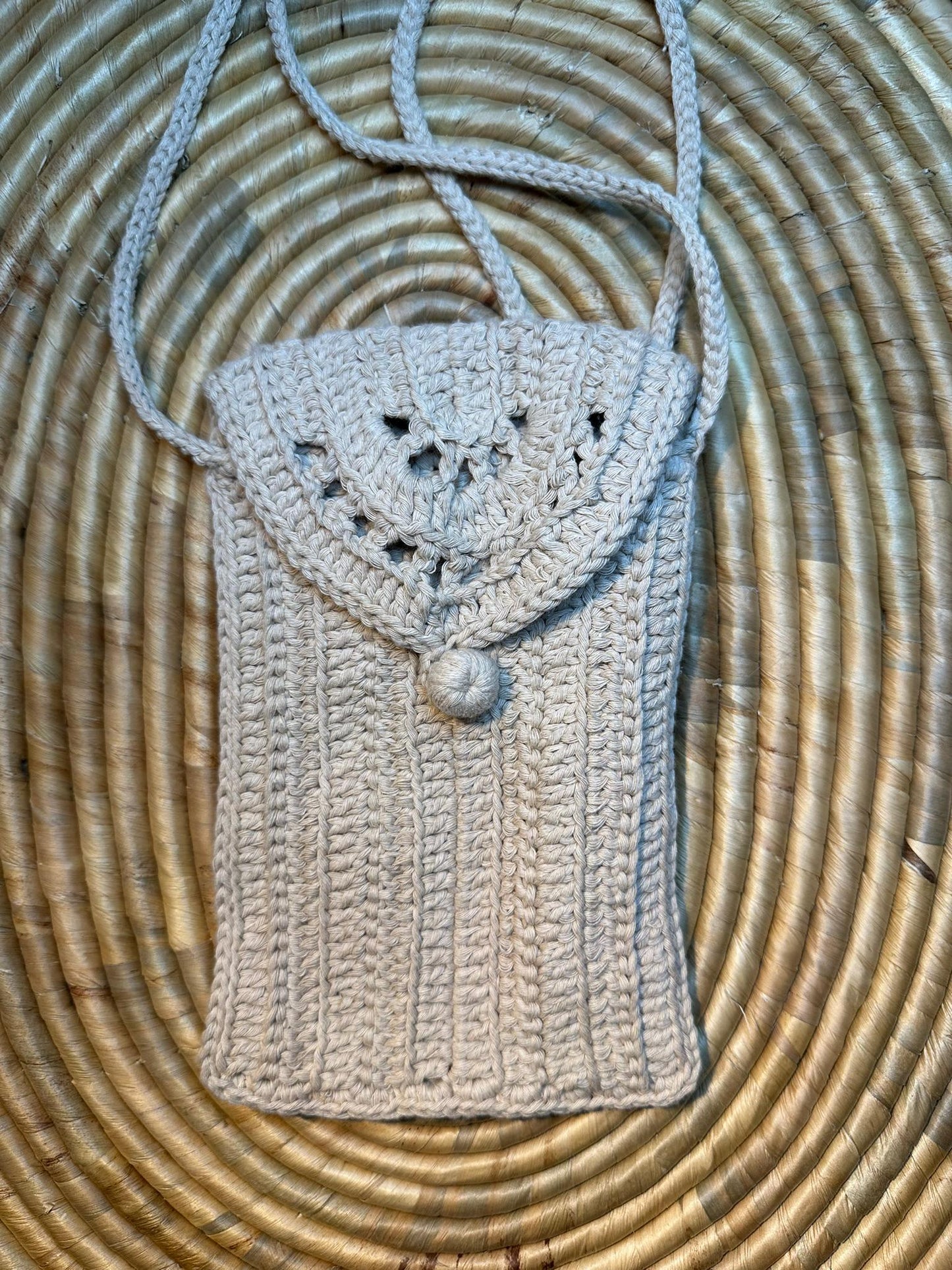 Handcrafted Cotton Phone Bag in Pastel Lilac & Beige, Elegant Accessory for All Ages