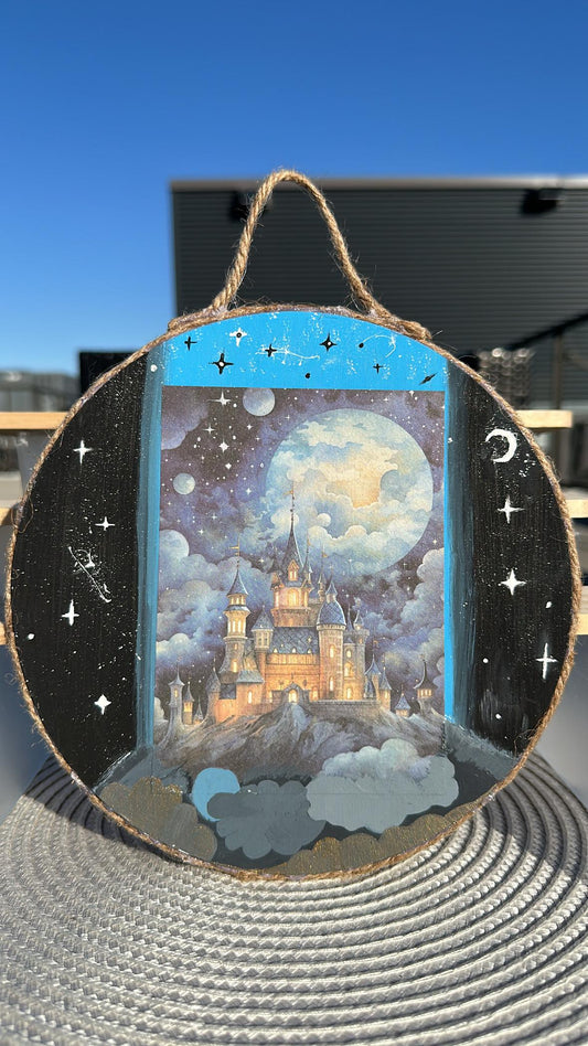 Dreamy Castle Night Wall Hanging, Hand-Painted Double-Sided Decor with Jute Frame, Fairytale Fantasy Nursery Art, Handmade