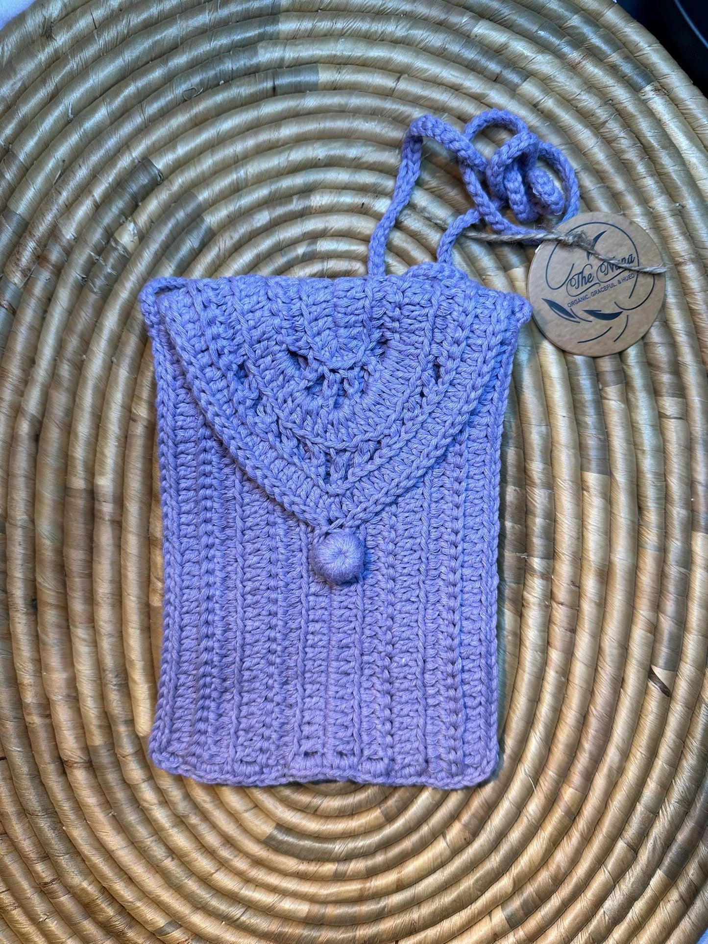 Handcrafted Cotton Phone Bag in Pastel Lilac & Beige, Elegant Accessory for All Ages