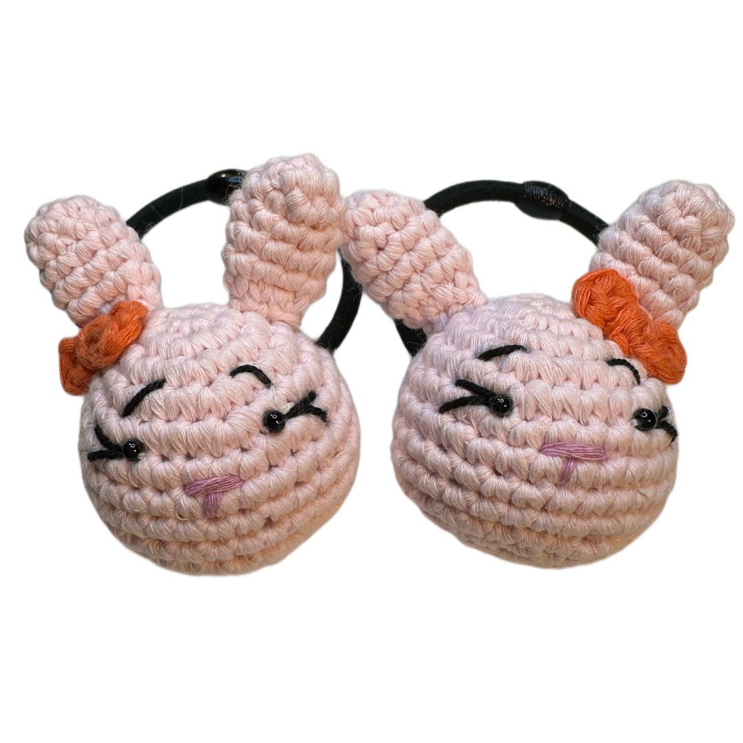 Handmade Cotton Yarn Bear & Bunny Hair Ties, Set of 2 Adorable Hair Accessories, Crochet Hair Ties, Easter Hair Tie Set, Gift Idea
