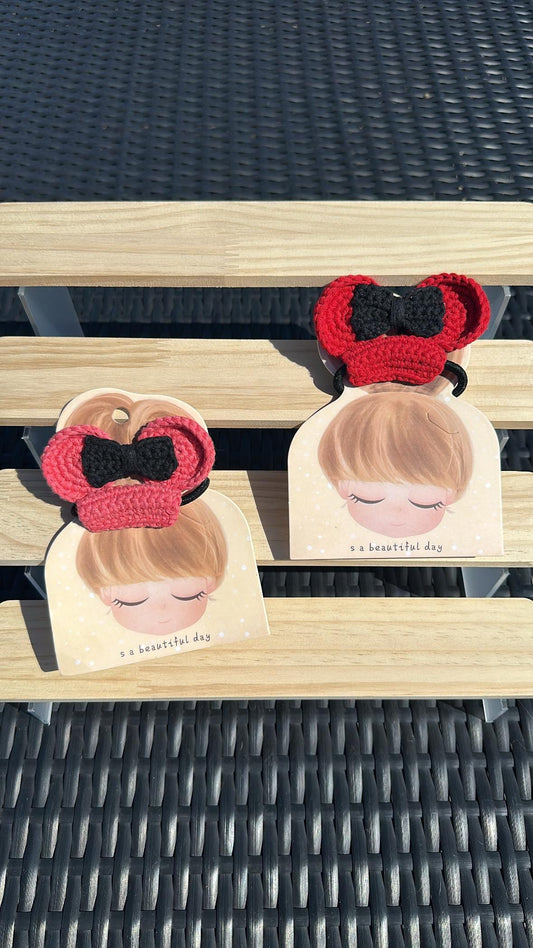 Handmade Crochet Minnie Hair Tie, Handmade Cotton Yarn Bow Hair Accessories, Crocheted, Handmade, Minnie Mouse