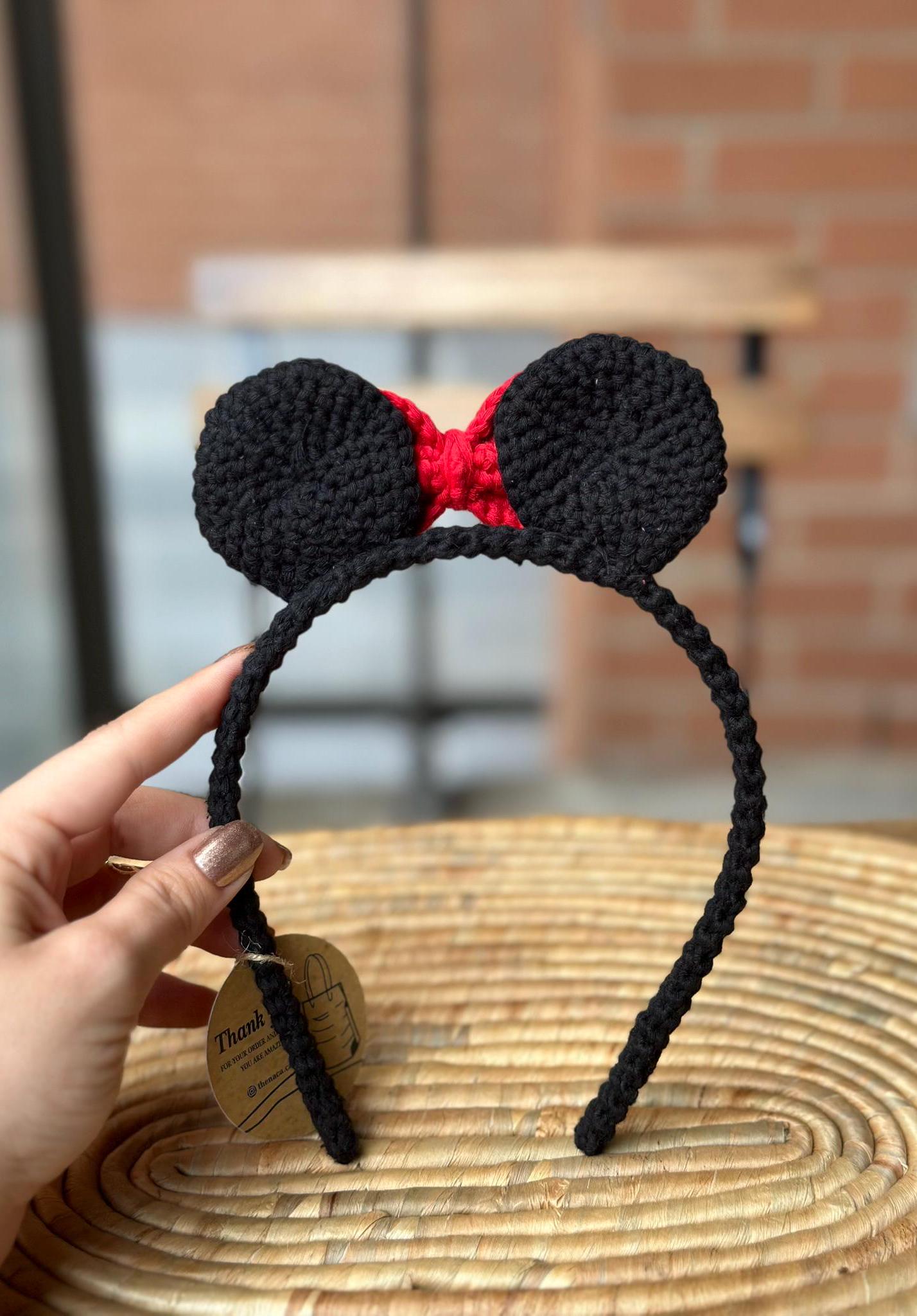 Handmade Crochet Minnie Headband, Soft Cotton Yarn Hair Band with Bow Ears, Cute Gift for Girls, Disney Inspired Accessory