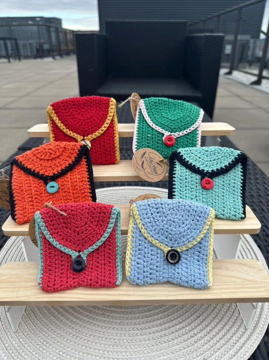 Handmade Cotton Crochet Wallet, Small Colorful Coin Purse, Eco-Friendly Boho Pouch, Vintage Style Gift for Her
