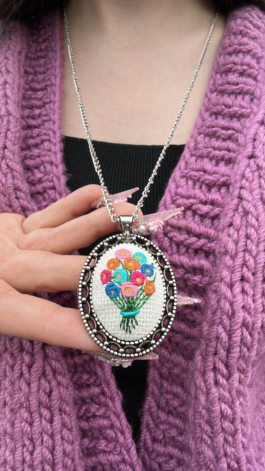 Embroidered Necklace Enchanted ISTANBUL, Floral Pendant, Hand Embroidered Charm, Jewelry Gift For Her