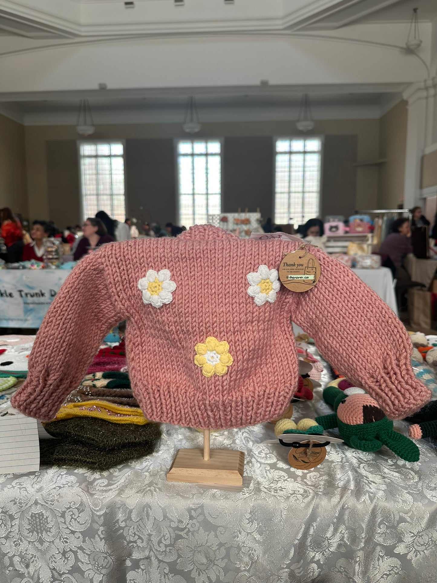 Handmade Baby Girl Cardigan - 0-6 Months | 100% Cotton | Pink Chunky Knit with Floral Embroidery | Soft and Safe for Babies, Cotton Crochet