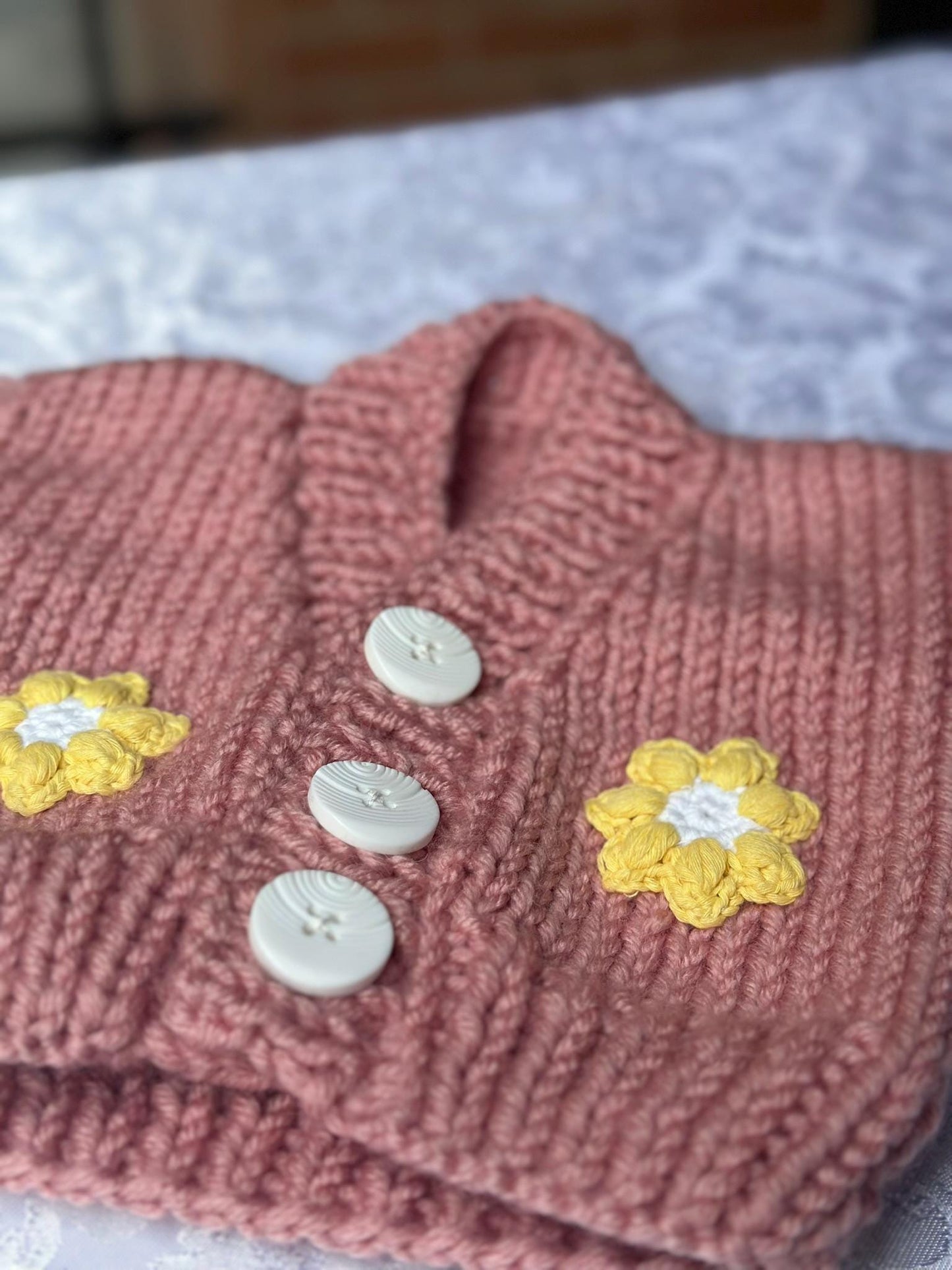 Handmade Baby Girl Cardigan - 0-6 Months | 100% Cotton | Pink Chunky Knit with Floral Embroidery | Soft and Safe for Babies, Cotton Crochet
