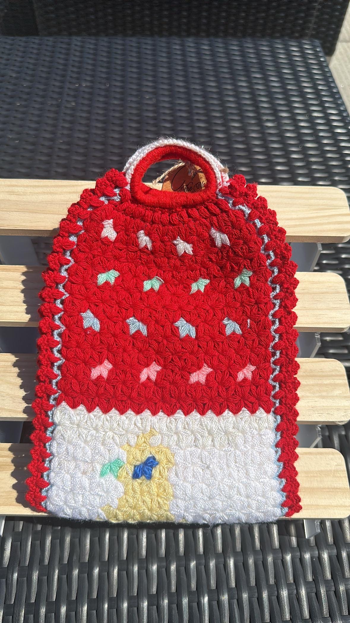 Traditional Turkish Crochet Bath Mitt, Handmade Exfoliating Red Washcloth with Bird Pattern, Handmade Turkish Bath Washcloths with Crochet