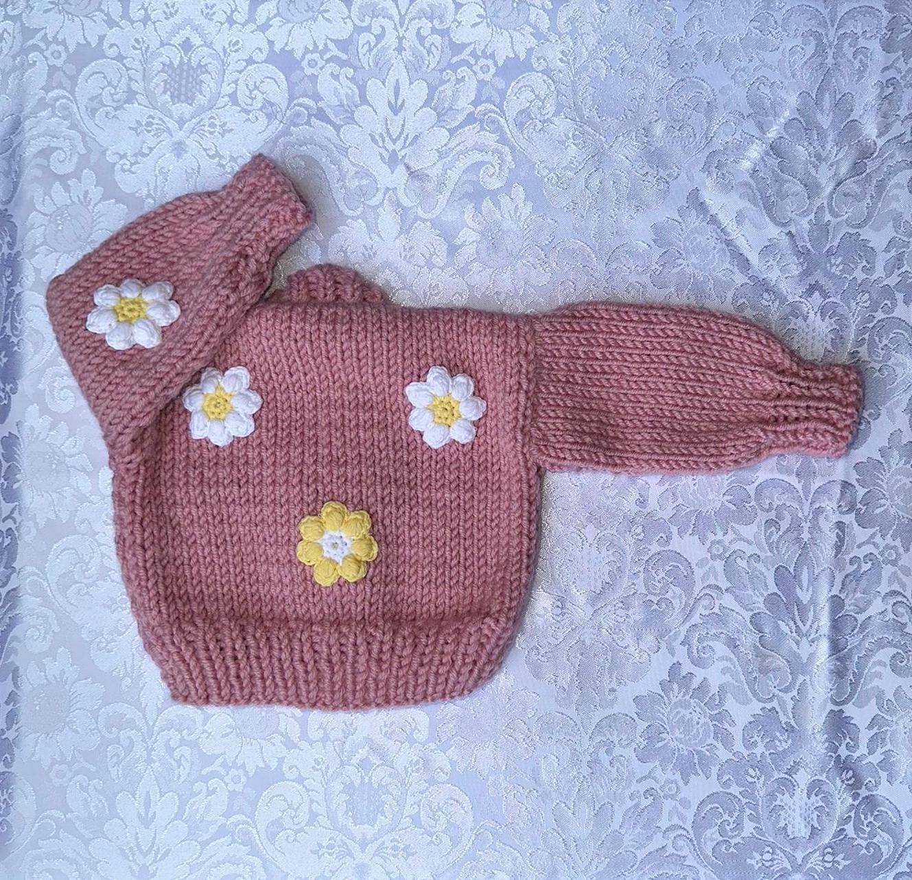 Handmade Baby Girl Cardigan - 0-6 Months | 100% Cotton | Pink Chunky Knit with Floral Embroidery | Soft and Safe for Babies, Cotton Crochet