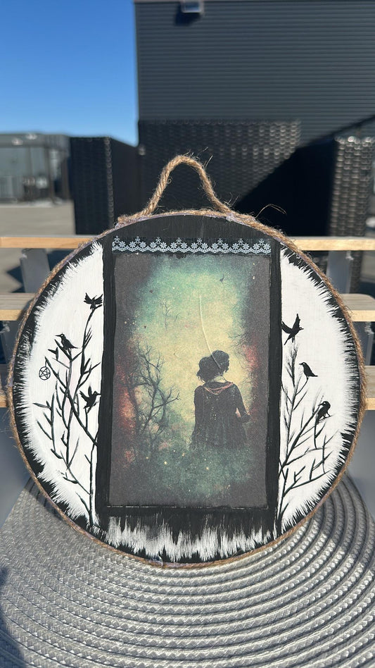 Witchy Forest Wall Art, Double-Sided Mystical Hanging with Ravens, Trees & Lace, Pagan, Gothic, Nature Decor. Handmade, Witch Spirit