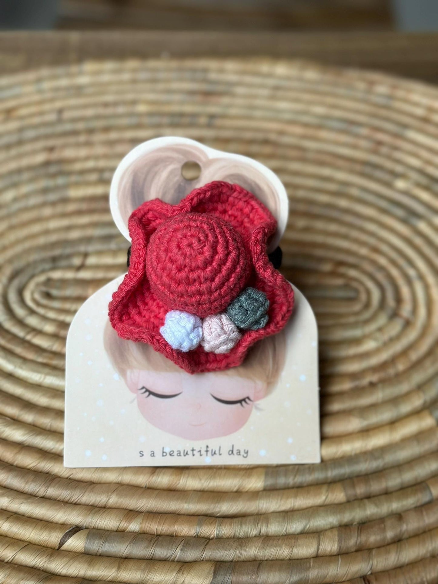 Handmade Cotton Yarn Hat Hair Tie, Cute and Colorful Hair Accessory, Boho Crochet Handmade Gift, Cotton Handcrafted Gift Idea